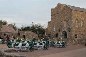 St. Patrick's Day Wedding Irish Theme
Irish Cultural Center that looks like a castle with  table and chairs set up in the courtyard.